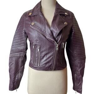 Samantha Sipos XS 100% Sheep Leather Moto Jacket Burgundy Cropped Biker Zip